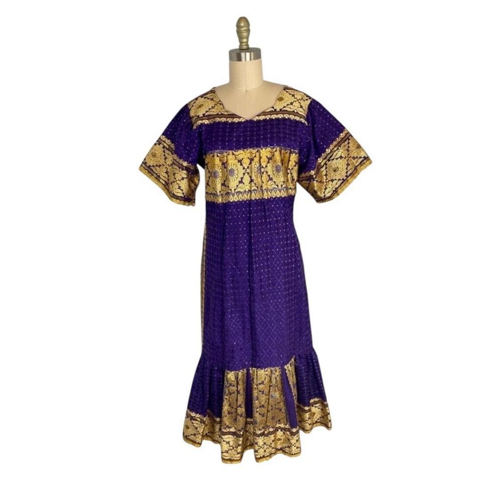Purple Gold Indian Block Print Dress Brocade Boho Midi Empire Bust 35” SMALL